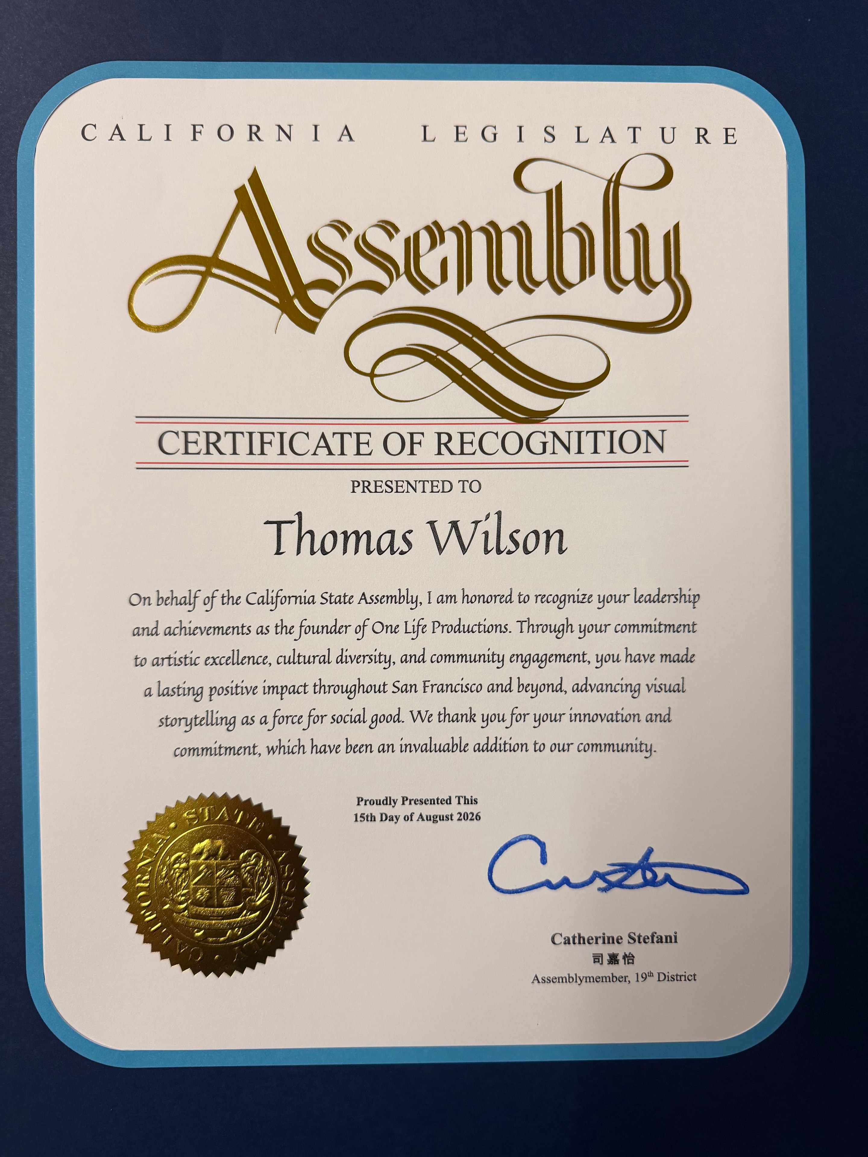 Certificate of Recognition — California State Assembly