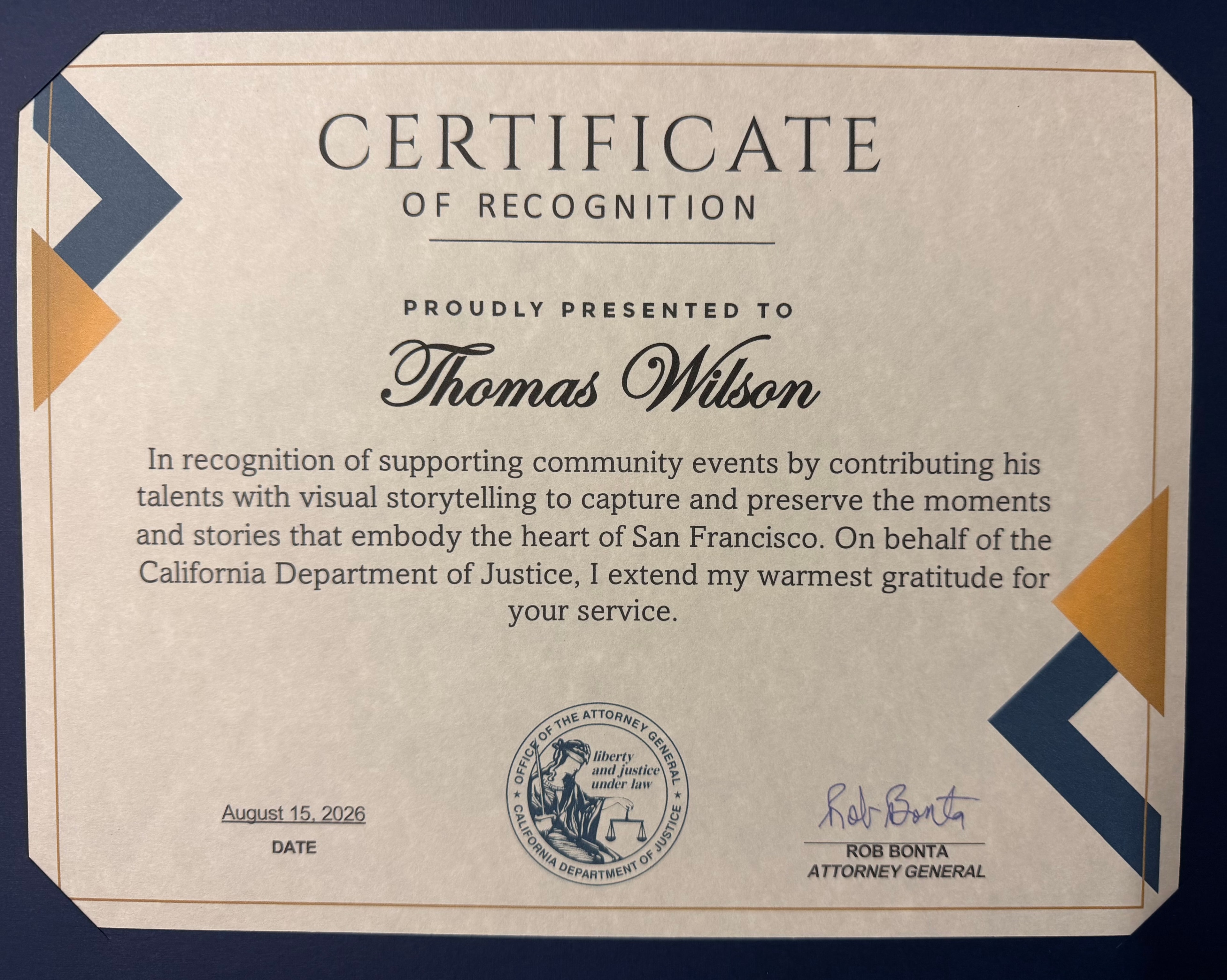 Certificate of Recognition — California Department of Justice