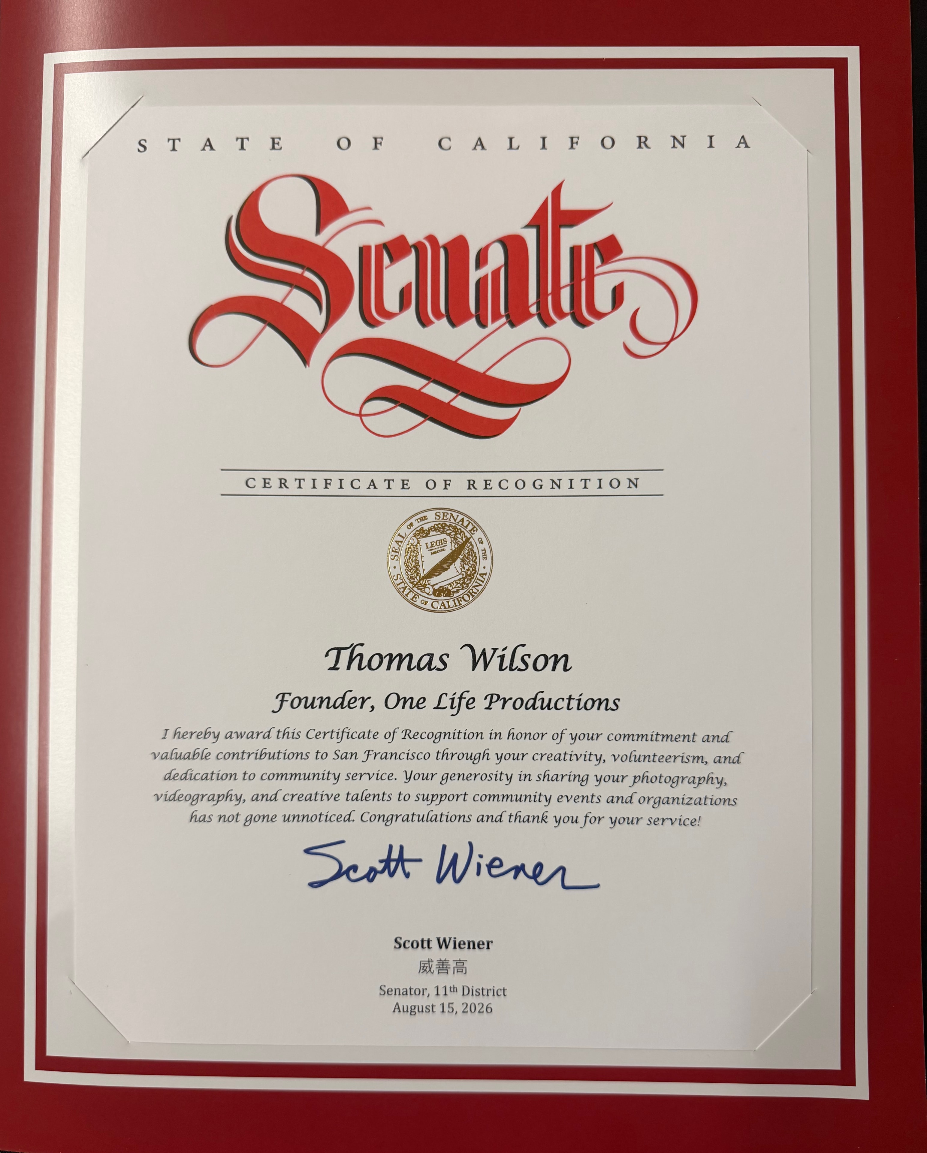 Certificate of Recognition — California State Senate