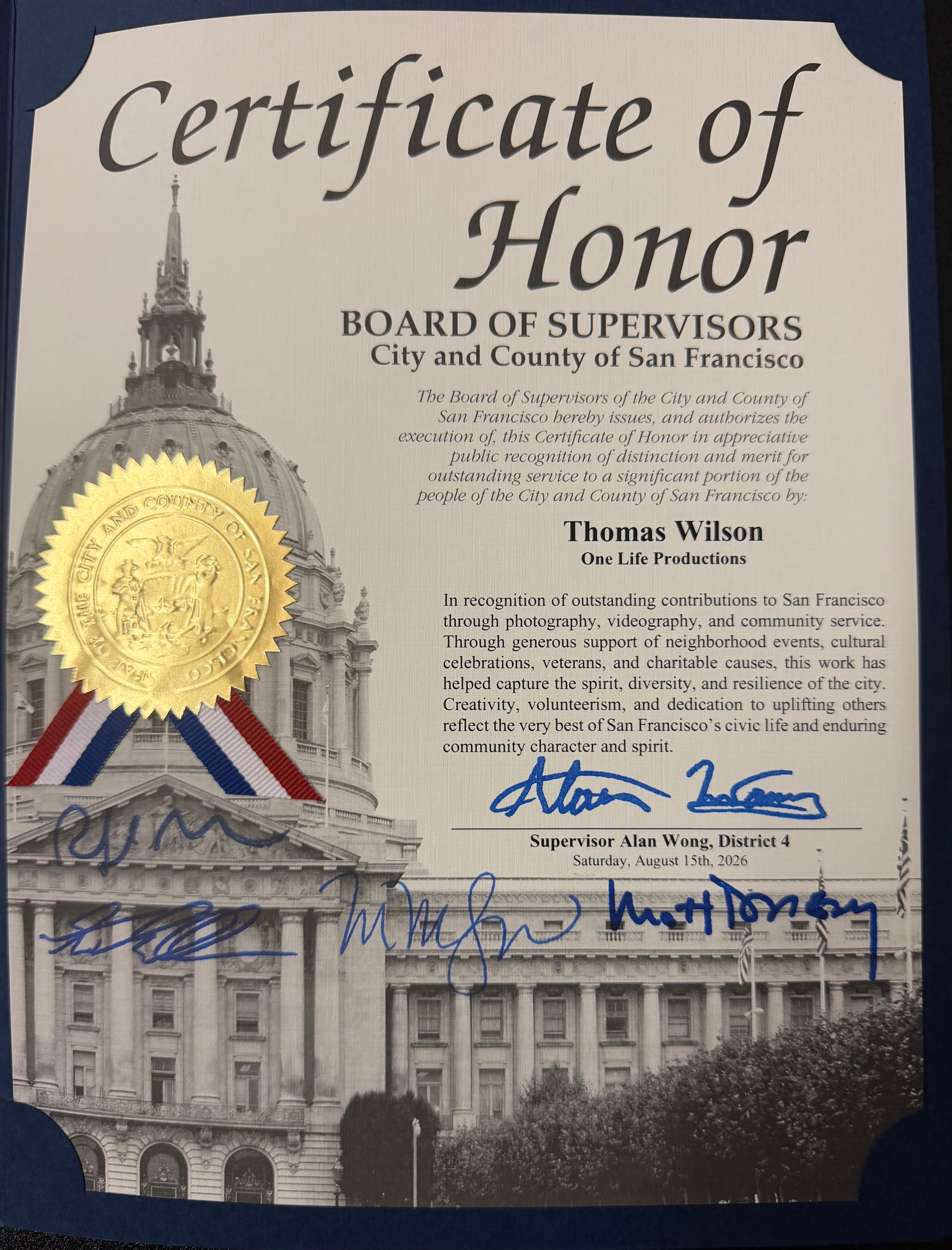 Certificate of Honor — SF Board of Supervisors