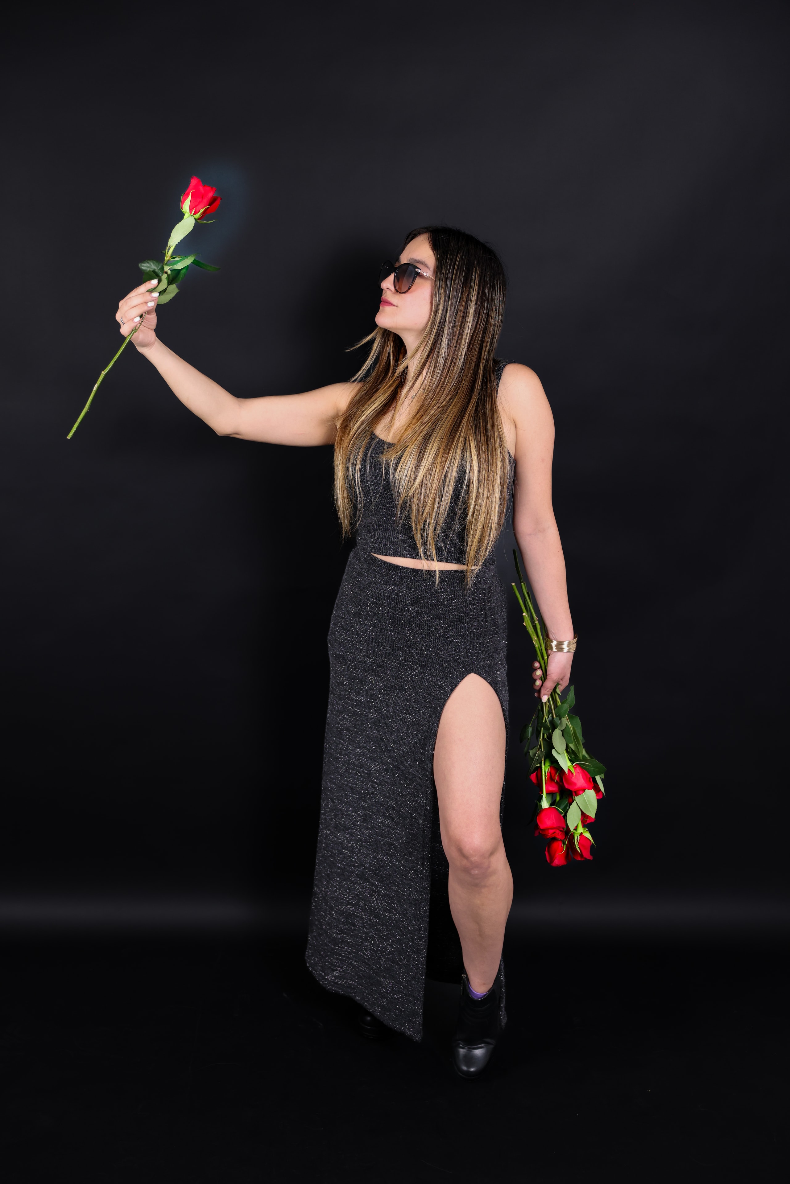 Dark Background Red Roses Full Length