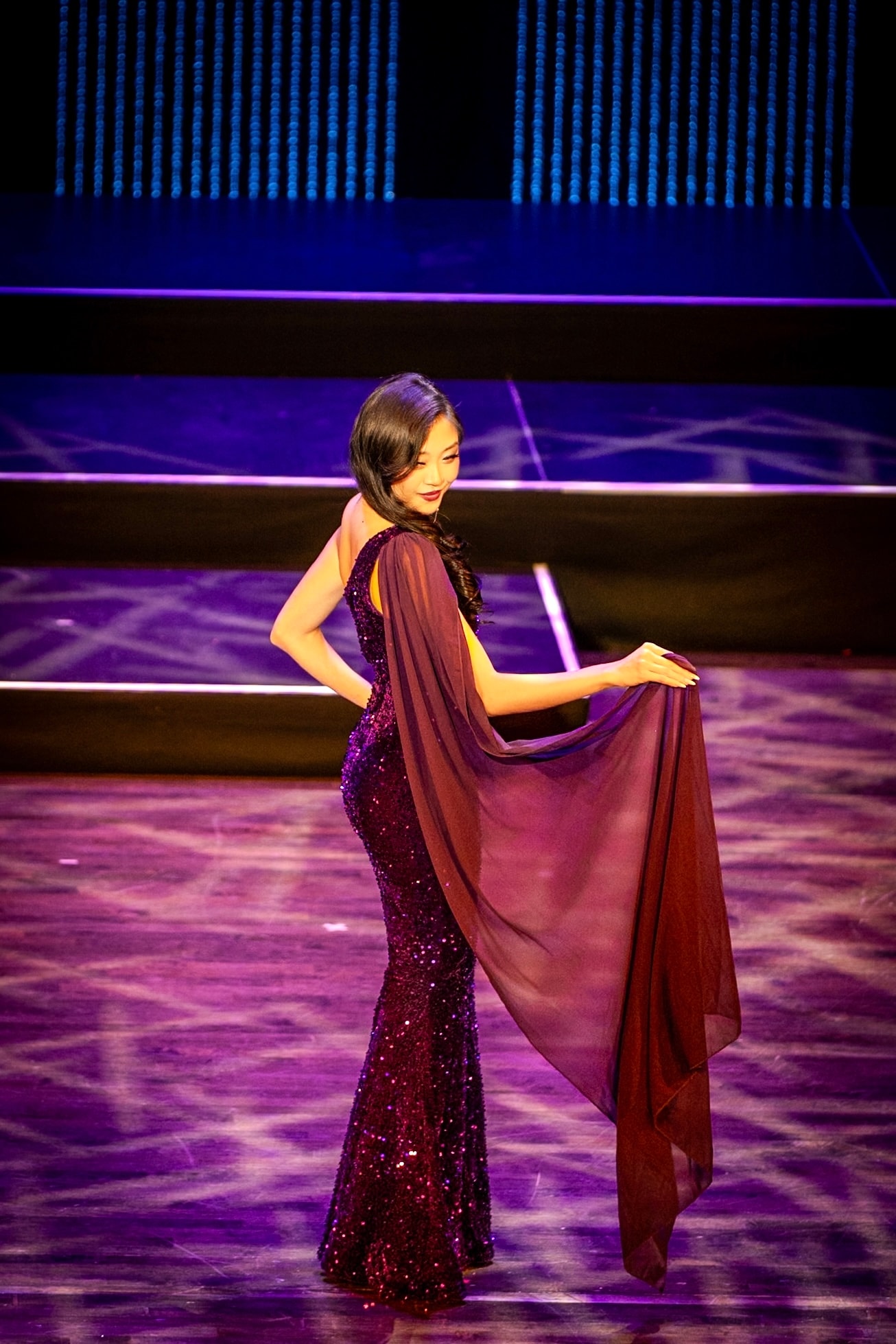 Miss Asian Global Pageant — Sequined Burgundy Cape Gown
